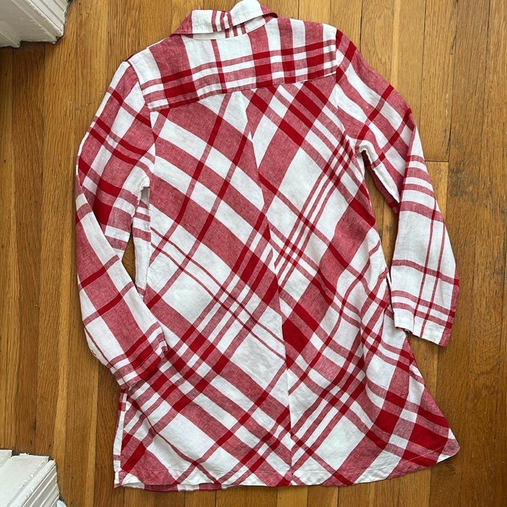 FLAX 100% Linen Red & White Checkered Shirtdress Full Button Front Dress Size P - Picture 10 of 12
